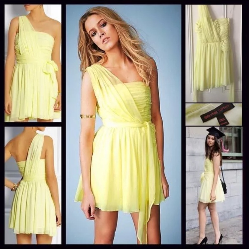 Kate Moss x Topshop Iconic Yellow Chiffon Draped One Shoulder Mini Dress Size 10